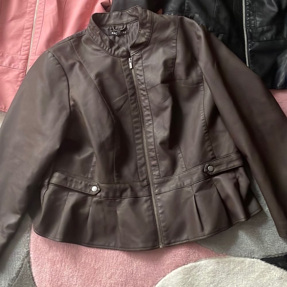 Three perplum faux leather jackets